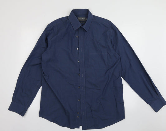 Mens UK Size 16 Marks and Spencer Blue  Button-Up Long Sleeve Casual Shirt
