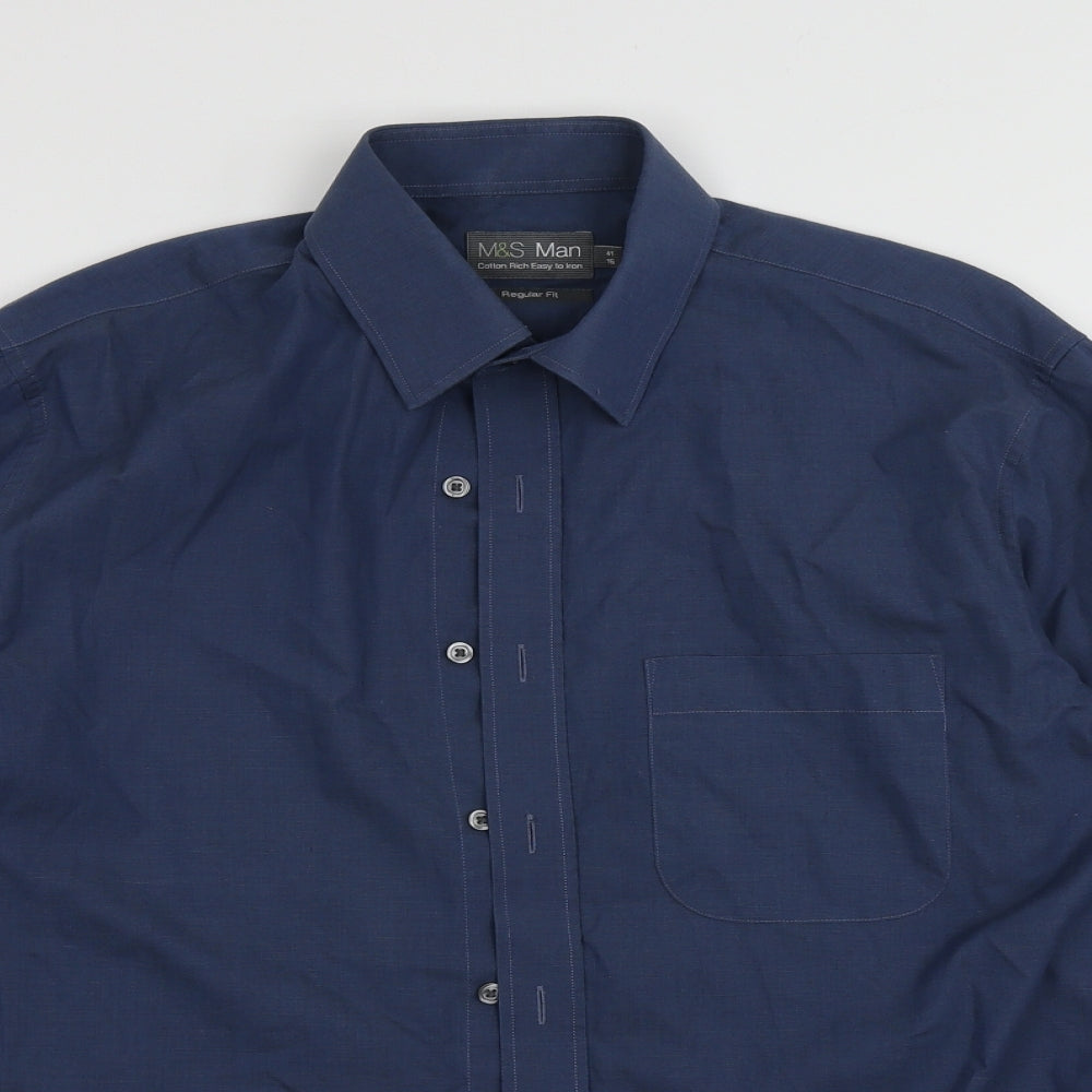 Mens UK Size 16 Marks and Spencer Blue  Button-Up Long Sleeve Casual Shirt