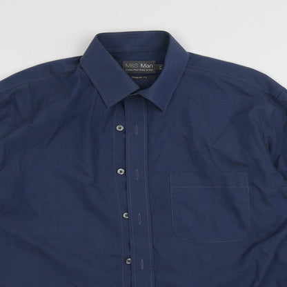 Mens UK Size 16 Marks and Spencer Blue  Button-Up Long Sleeve Casual Shirt