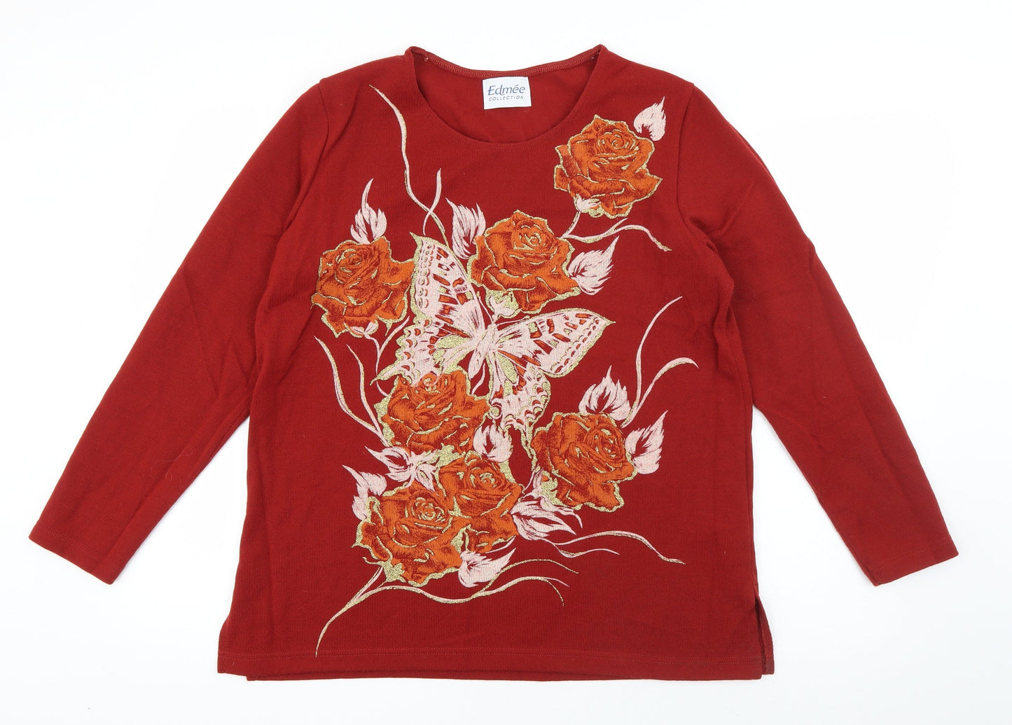 Edamee Womens Red Round Neck  Acrylic Pullover Jumper Size 14   - Butterfly