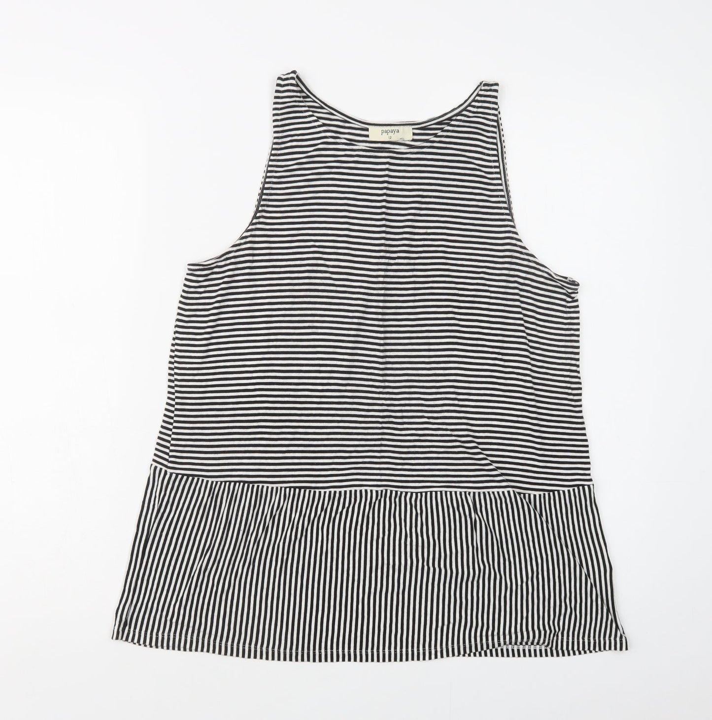 Papaya Womens Black Striped Viscose Basic Tank Size 12 Crew Neck
