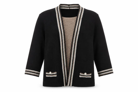 Front view of Alexara women’s black round neck striped acrylic cardigan jumper, size M