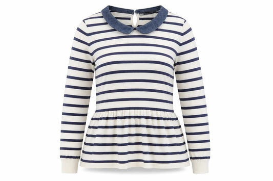 Front view of Marks & Spencer women’s white collared striped viscose jumper, size UK 16