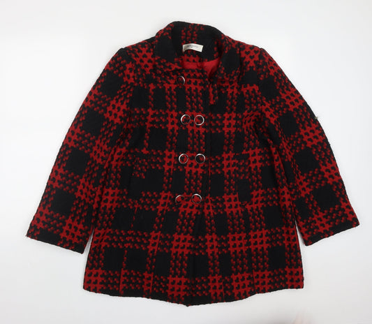 Front view of Monaco women’s red check pea coat coat, size UK 14, button