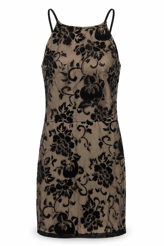 Front view of Parisian women’s black floral polyester mini, size UK 8, round neck zip