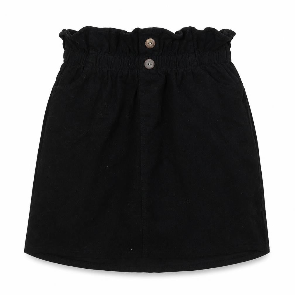 Front view of Preworn women’s black cotton mini skirt, size UK 26, in
