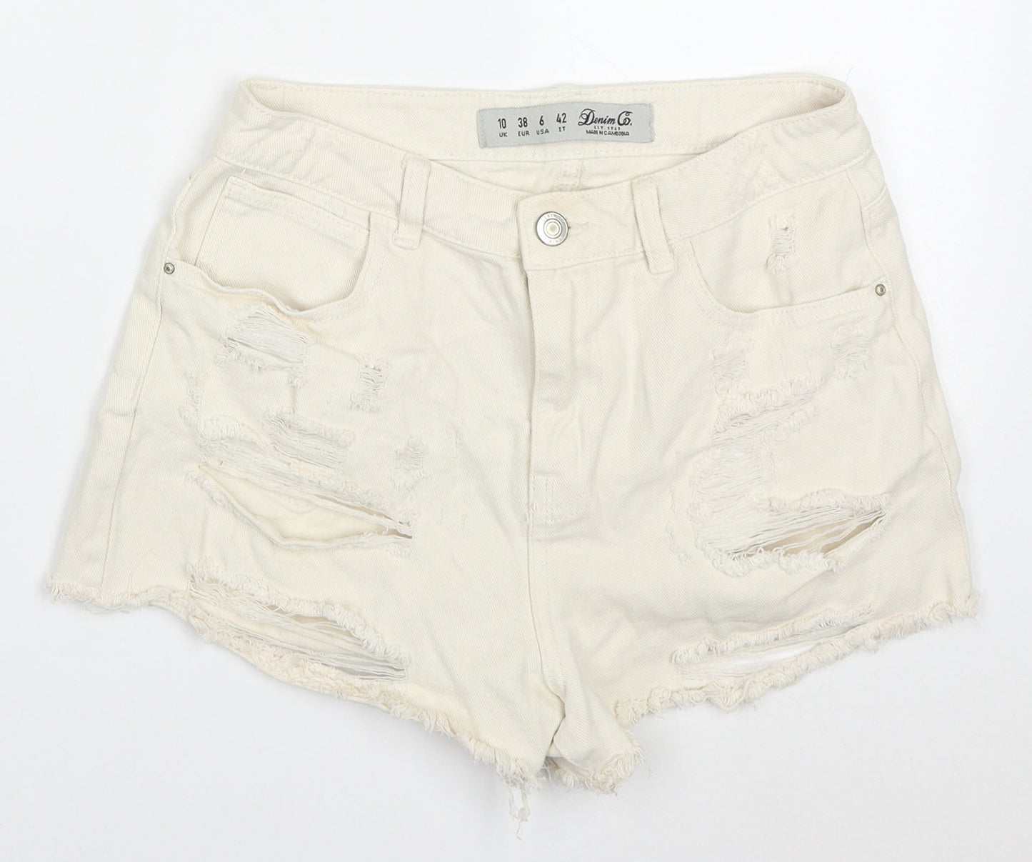 Denim Co Womens Beige  Cotton Hot Pants Shorts Size 10  Regular Button - Distressed Look