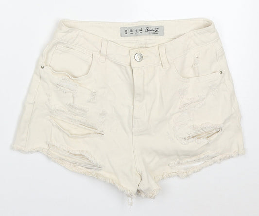 Denim Co Womens Beige  Cotton Hot Pants Shorts Size 10  Regular Button - Distressed Look
