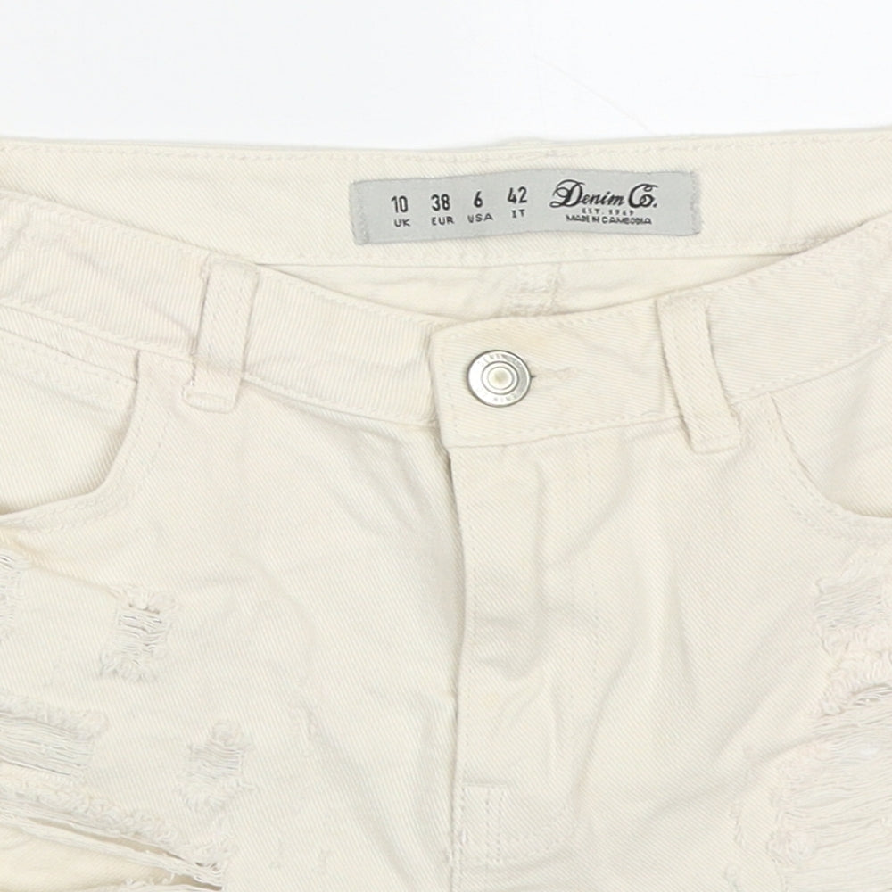 Denim Co Womens Beige  Cotton Hot Pants Shorts Size 10  Regular Button - Distressed Look