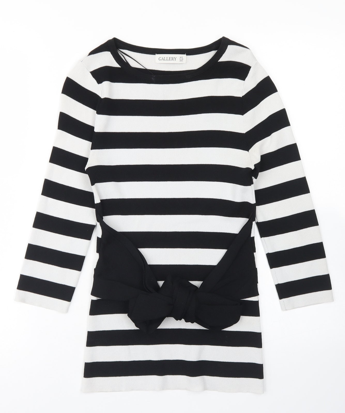 Gallery Womens White Crew Neck Striped Viscose Pullover Jumper Size S   - Tie Front