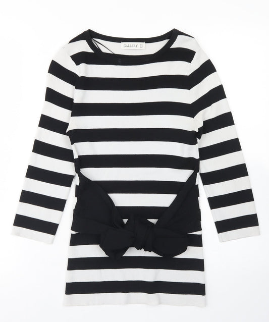 Gallery Womens White Crew Neck Striped Viscose Pullover Jumper Size S   - Tie Front