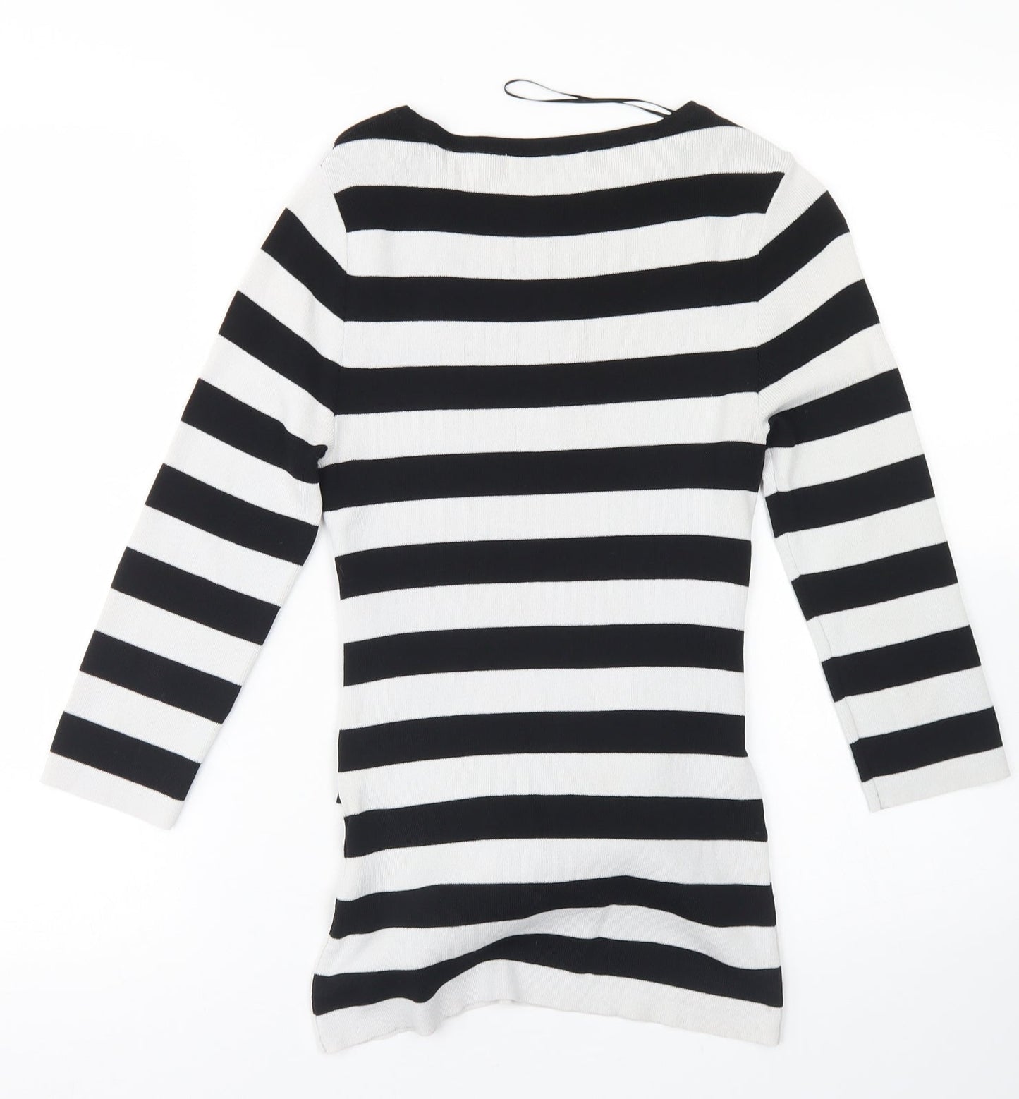 Gallery Womens White Crew Neck Striped Viscose Pullover Jumper Size S   - Tie Front