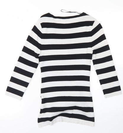 Gallery Womens White Crew Neck Striped Viscose Pullover Jumper Size S   - Tie Front