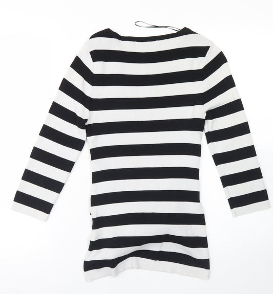 Gallery Womens White Crew Neck Striped Viscose Pullover Jumper Size S   - Tie Front