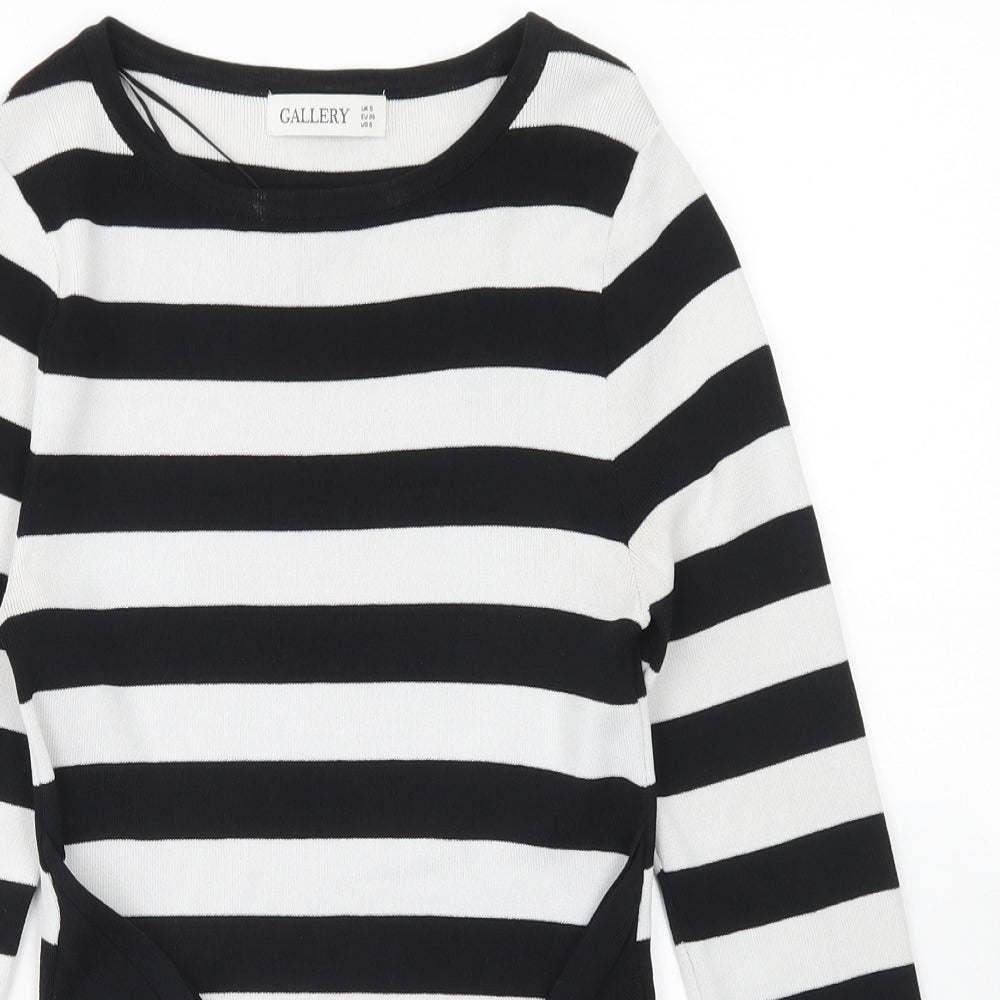 Gallery Womens White Crew Neck Striped Viscose Pullover Jumper Size S   - Tie Front