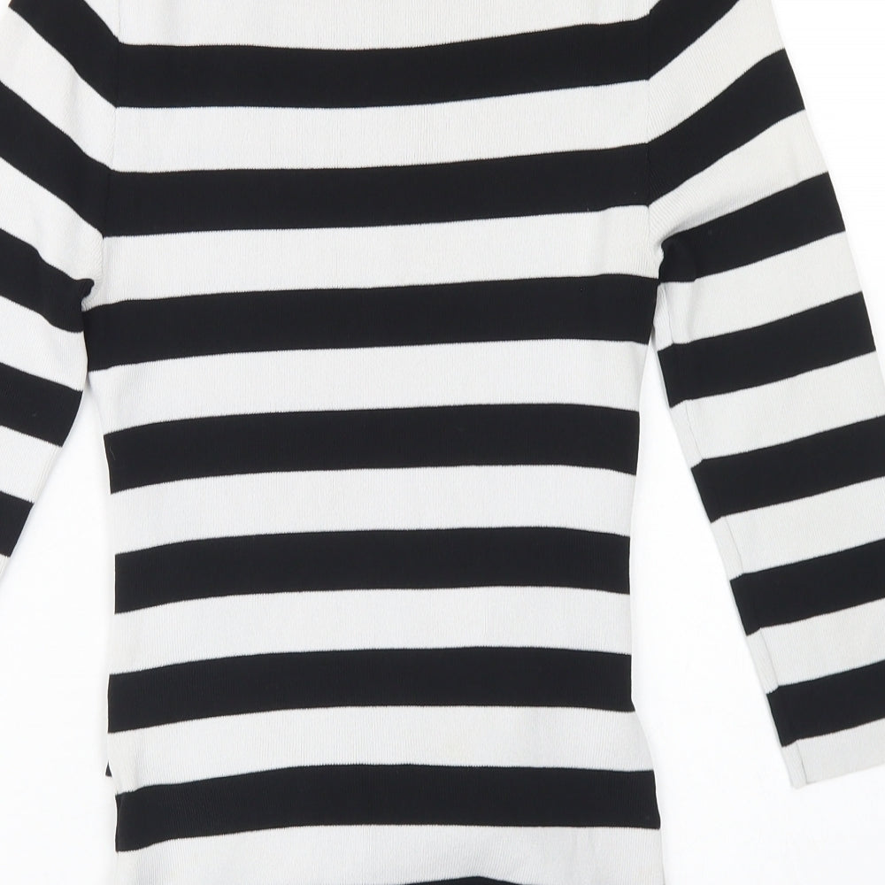 Gallery Womens White Crew Neck Striped Viscose Pullover Jumper Size S   - Tie Front