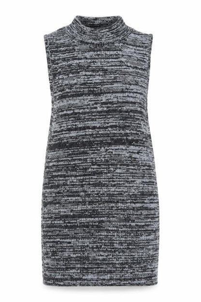 Front view of New Look women’s blue mock neck striped acrylic vest jumper, size UK 10