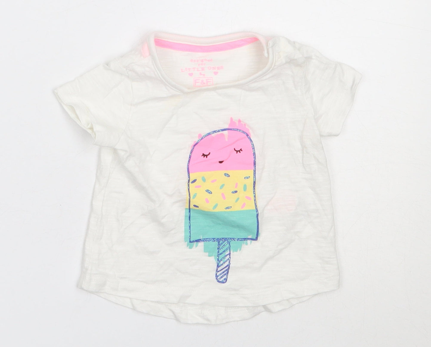 F&F Girls White  Cotton Basic T-Shirt Size 3-6 Months Round Neck