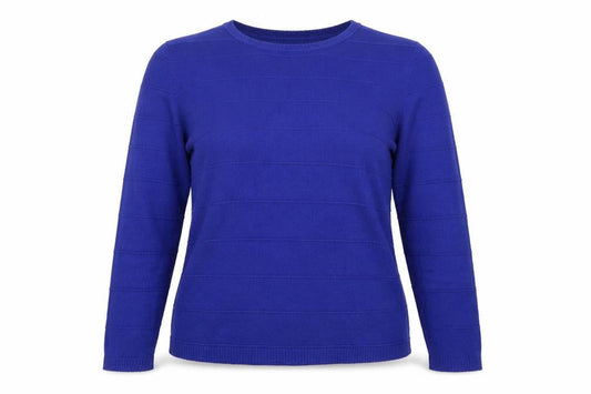 Front view of Mudflower women’s blue round neck acrylic jumper, size M