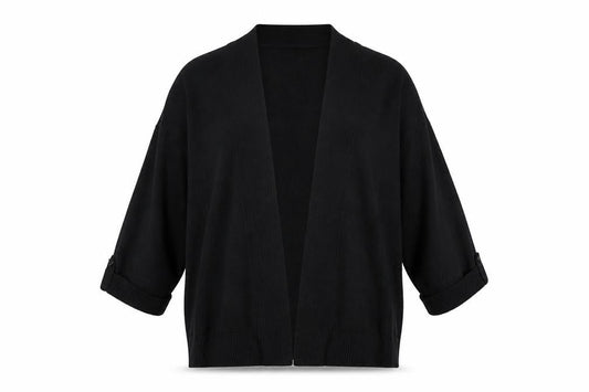 Front view of M&Co women’s black v-neck viscose cardigan jumper, size L