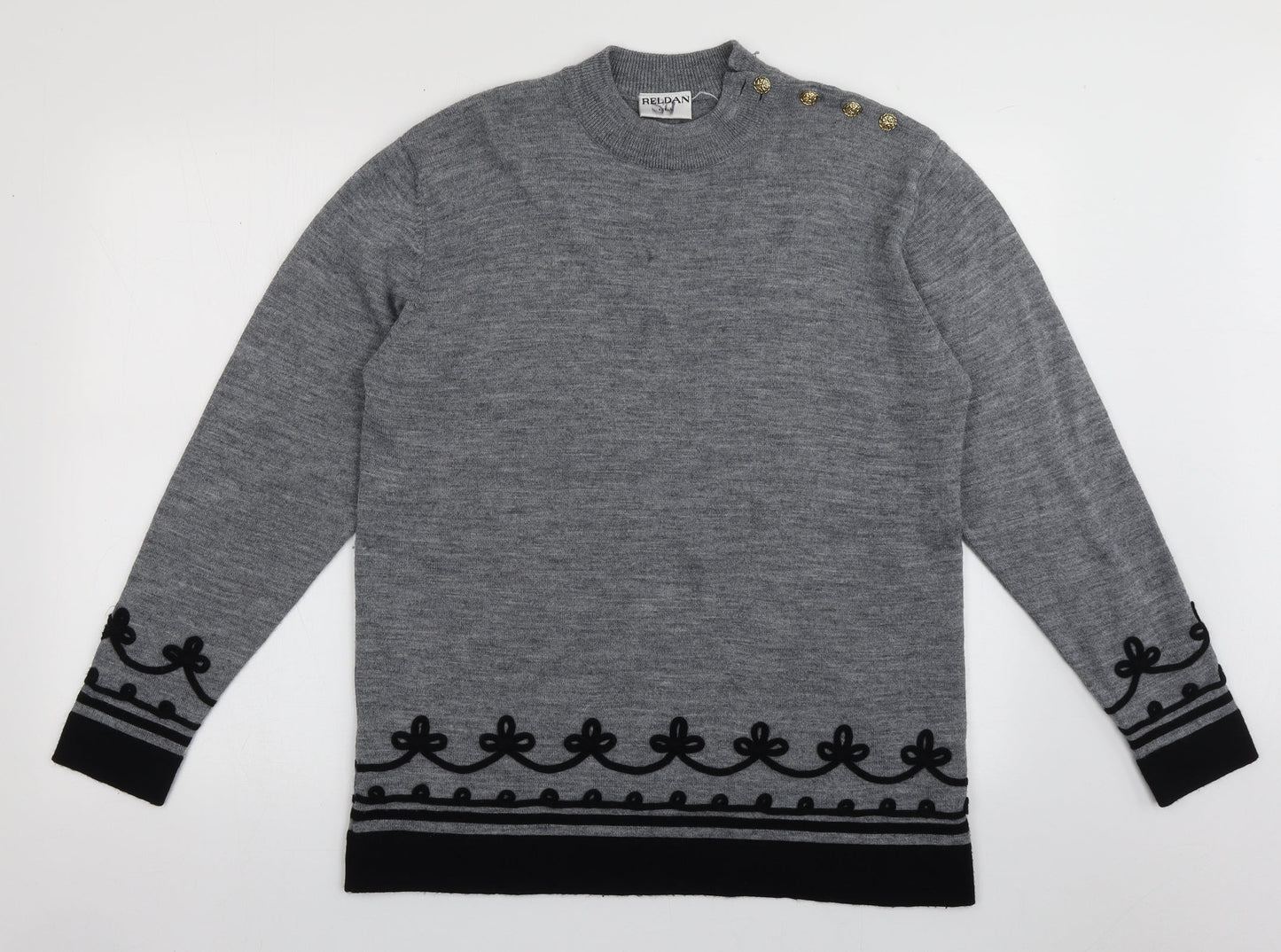 reldan Womens Grey Crew Neck Geometric Acrylic Pullover Jumper Size L