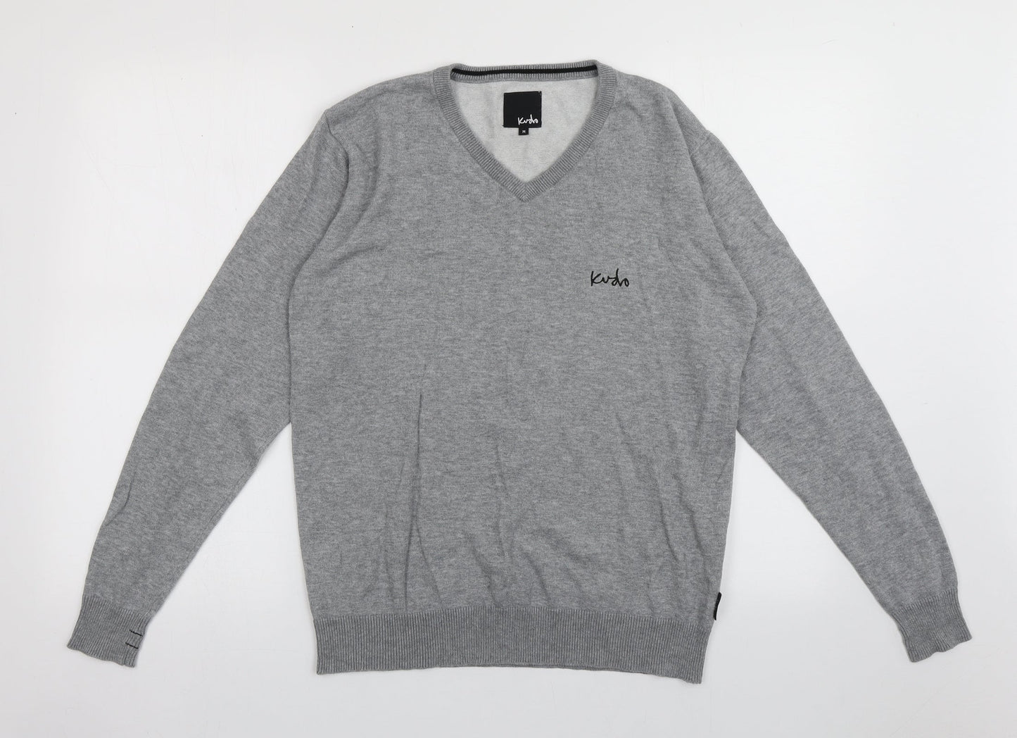 kudo Mens Grey V-Neck  Acrylic Pullover Jumper Size M