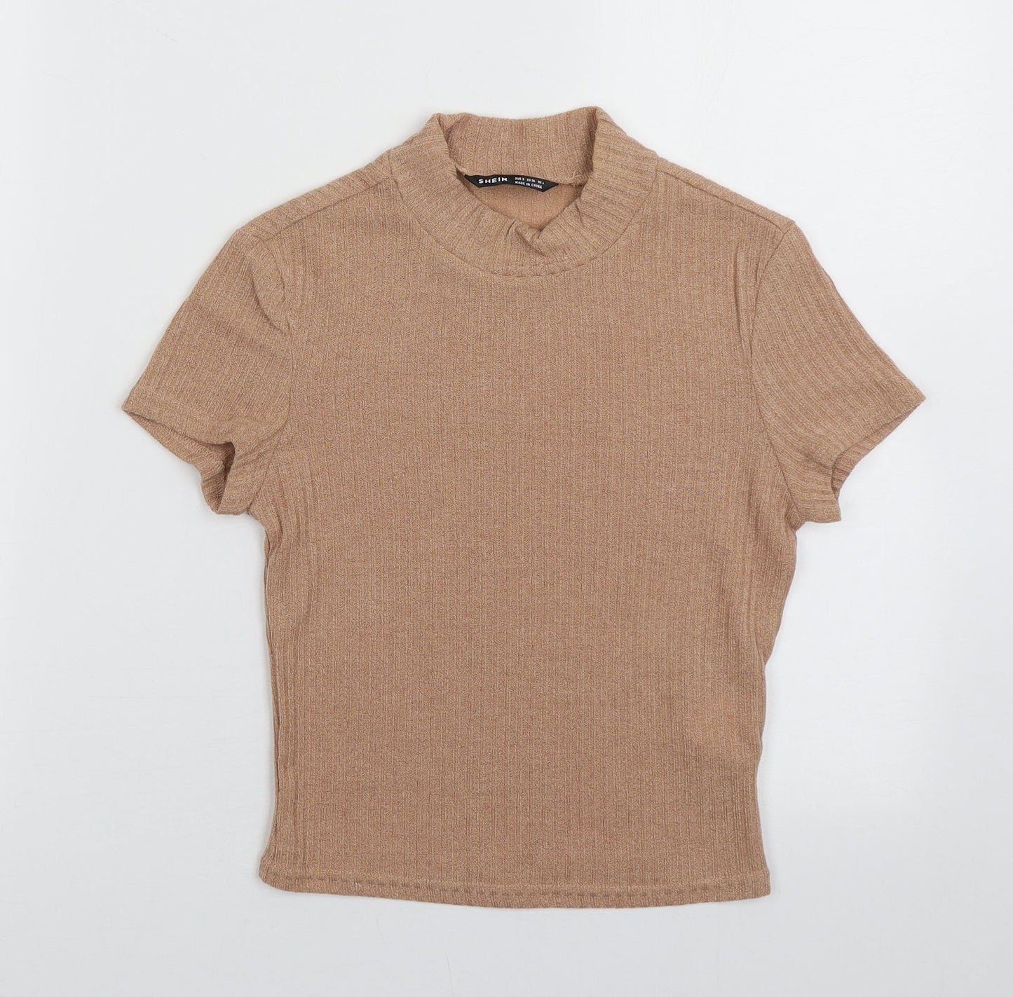 hsien Womens Brown  Polyester Cropped T-Shirt Size S Crew Neck