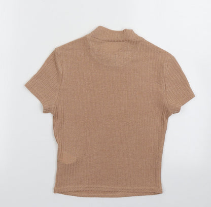 hsien Womens Brown  Polyester Cropped T-Shirt Size S Crew Neck