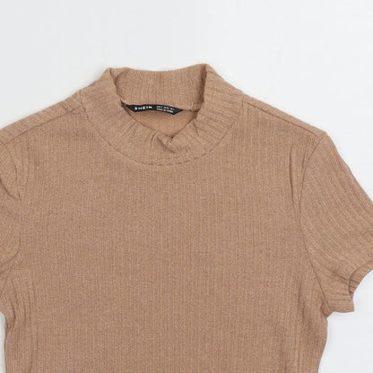 hsien Womens Brown  Polyester Cropped T-Shirt Size S Crew Neck