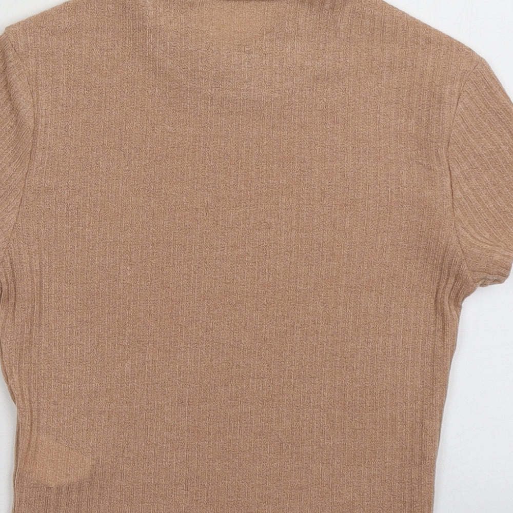 hsien Womens Brown  Polyester Cropped T-Shirt Size S Crew Neck