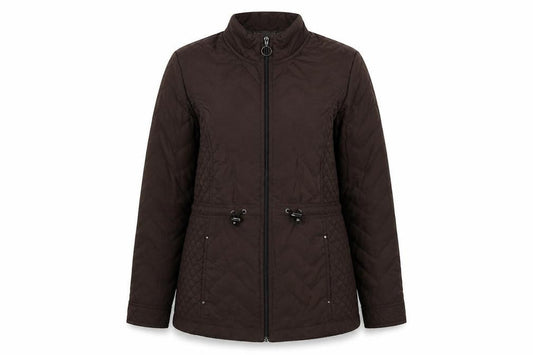 Front view of EWM women’s brown puffer jacket jacket, size UK 14, zip