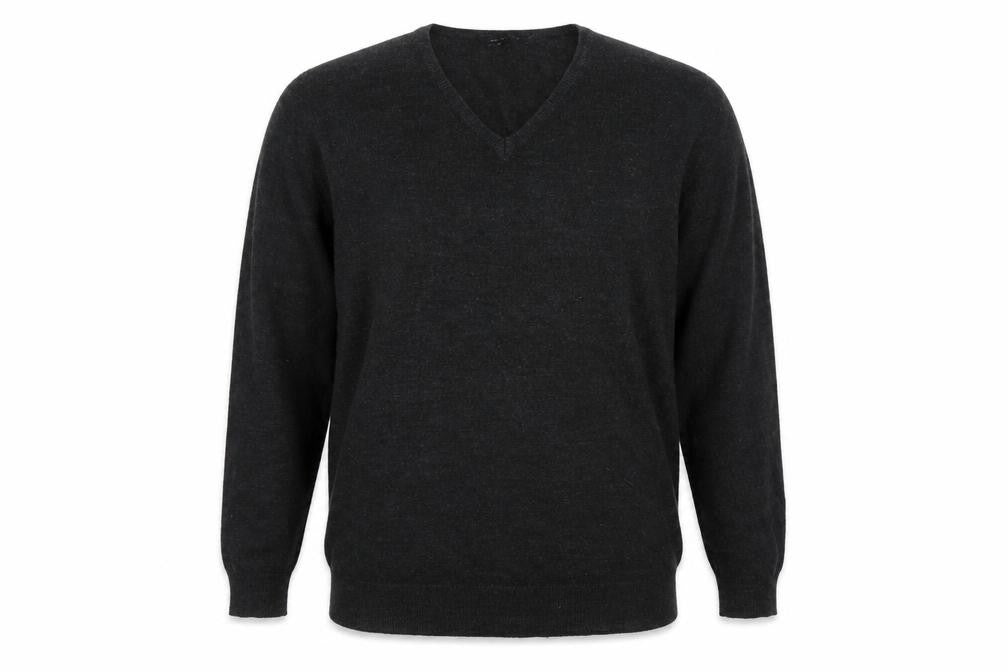 Front view of Cedarwood State men’s grey v-neck acrylic jumper, size L