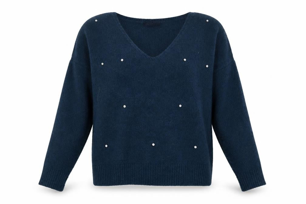 Front view of Marks & Spencer women’s blue v-neck acrylic jumper, size UK 12