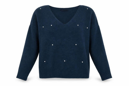 Front view of Marks & Spencer women’s blue v-neck acrylic jumper, size UK 12