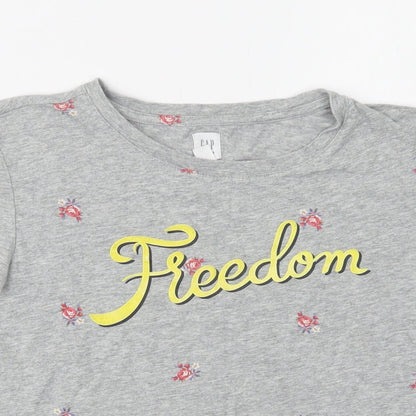 Gap Girls Grey Floral Cotton Basic T-Shirt Size 10-11 Years Crew Neck