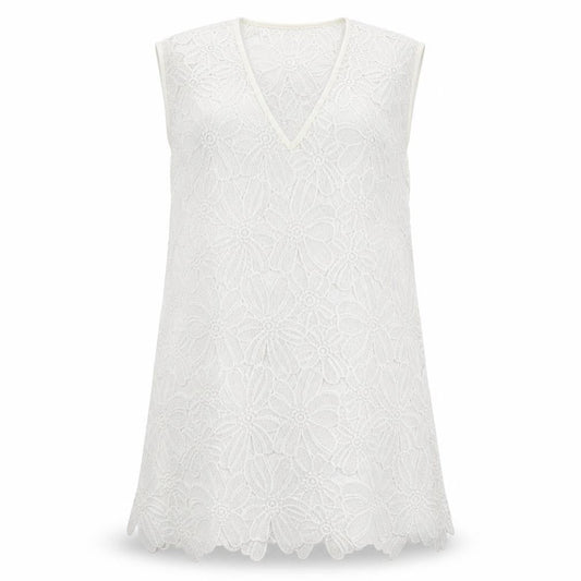Front view of Atmosphere women’s white floral polyester mini, size M, v-neck pullover - beach cover up dress