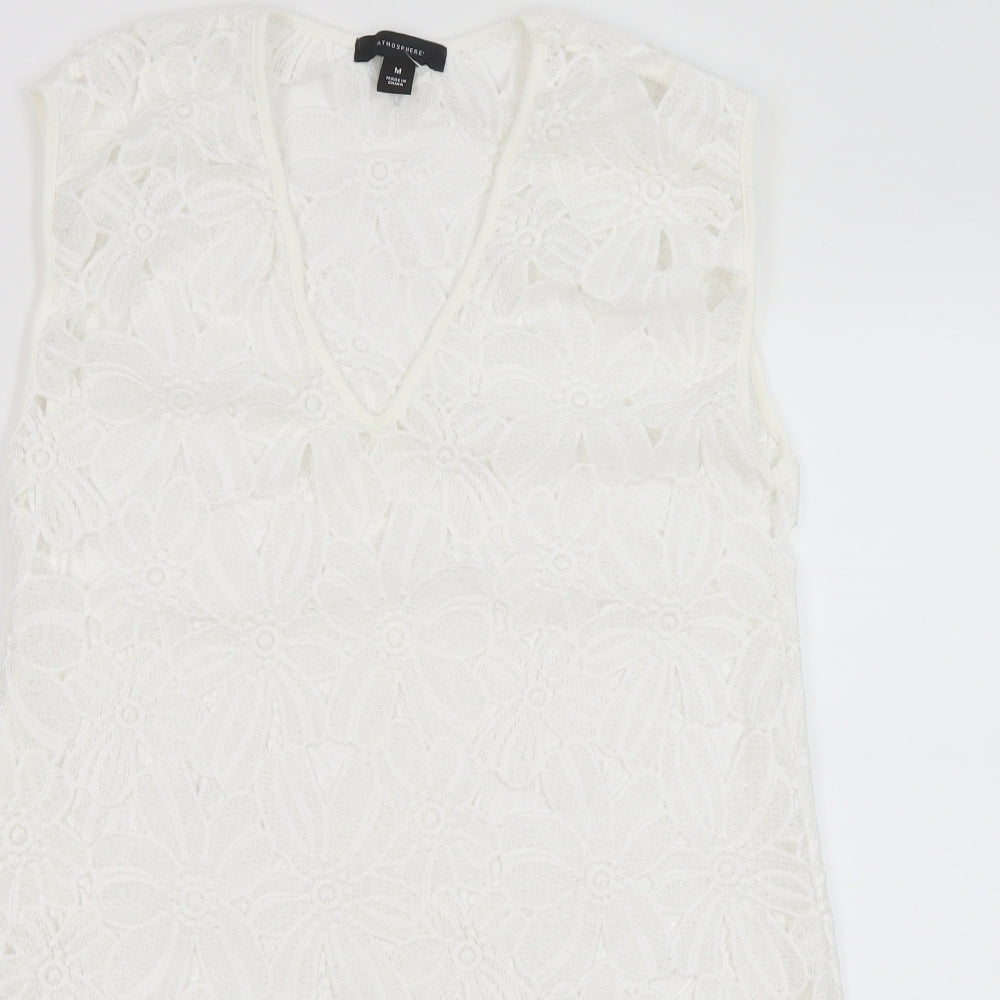 Atmosphere Womens White Floral Polyester Mini  Size M  V-Neck Pullover - Beach Cover Up Dress