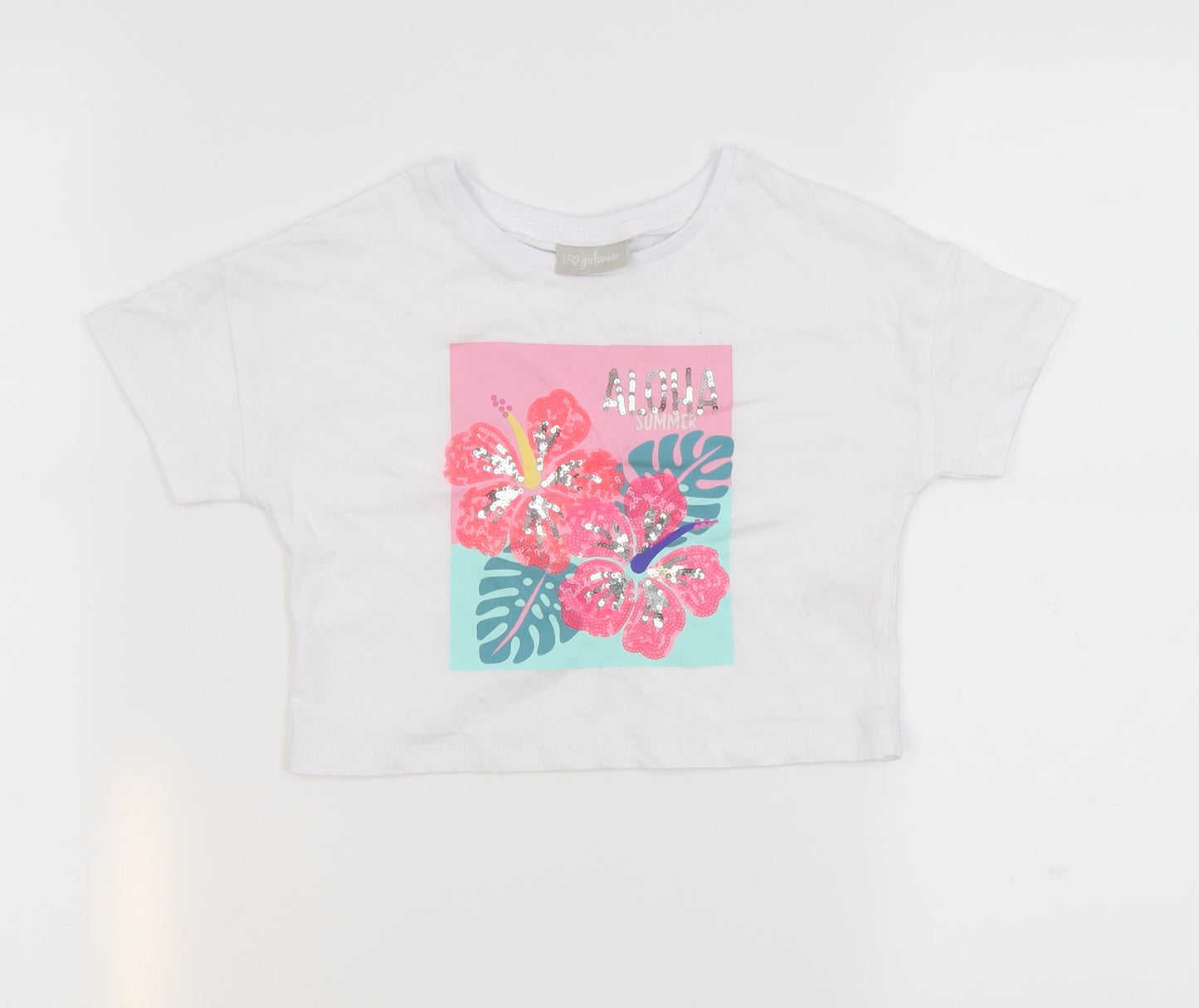 Matalan Girls White  100% Cotton Cropped T-Shirt Size 6 Years Round Neck Pullover - Aloha summer