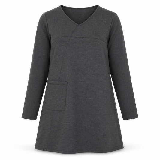 Front view of Zanzea women’s grey polyester a-line, size M, v-neck pullover