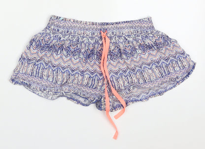 Matalan Womens Blue Geometric Cotton Hot Pants Shorts Size S  Regular Drawstring - Pyjama Shorts