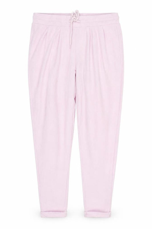 Front view of ASOS women’s pink polyester sweatpants, size UK 12, 27-inch leg regular drawstring