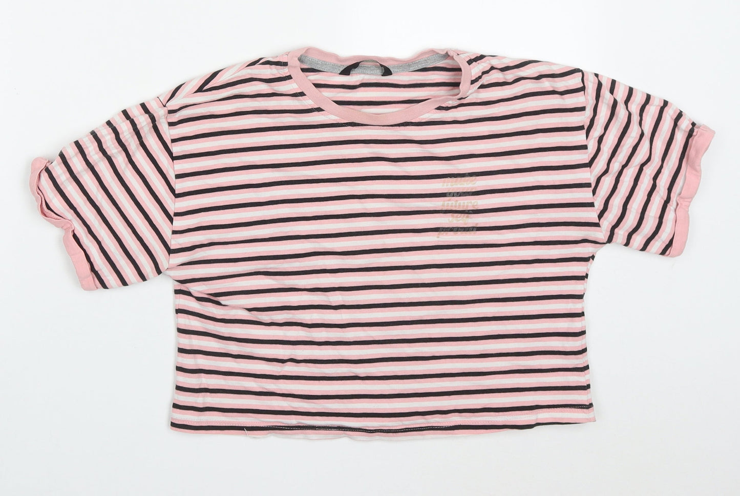 George Girls Pink Striped Cotton Cropped T-Shirt Size 11-12 Years Crew Neck Pullover - Make Yourself Proud