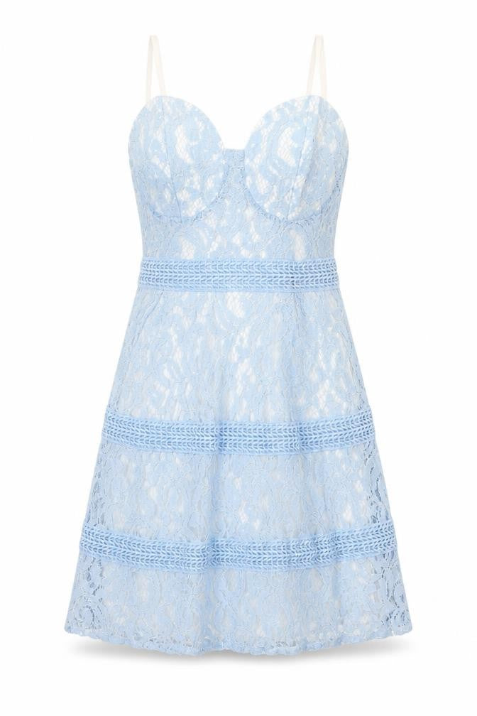 Front view of Boohoo women’s blue polyamide fit & flare, size UK 8, sweetheart zip