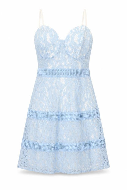 Front view of Boohoo women’s blue polyamide fit & flare, size UK 8, sweetheart zip