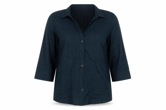 Front view of Wrdrobe women’s blue cotton basic button-up, size UK 12, collared