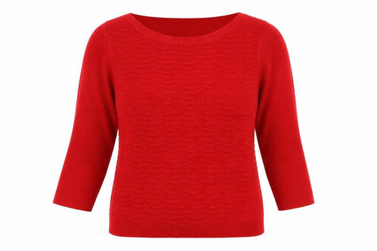 Front view of Love Knitwear women’s red boat neck plaid acrylic jumper, size UK 12, - ribbed knit detail