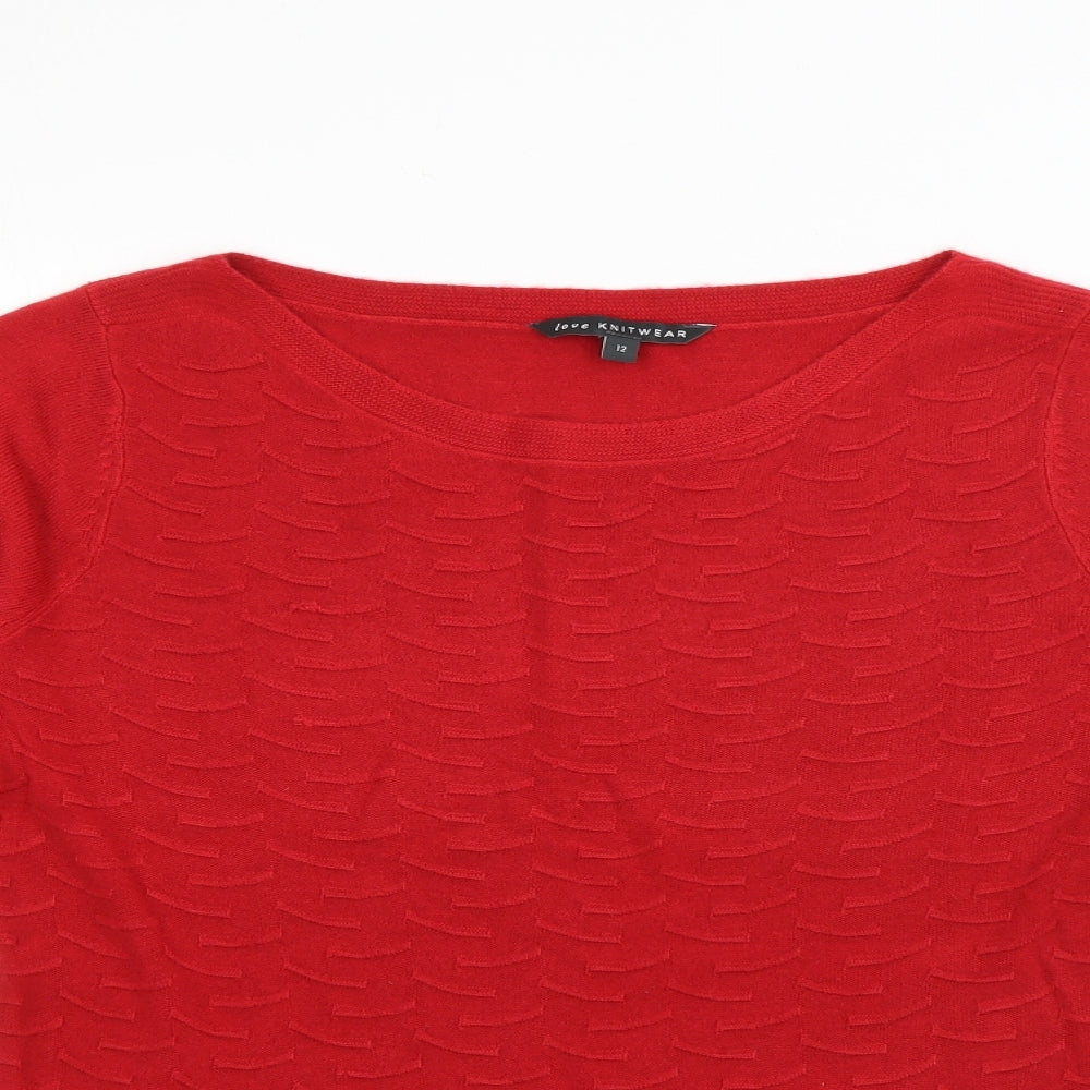 Love Knitwear Womens Red Boat Neck Plaid Acrylic Pullover Jumper Size 12   - Ribbed Knit detail