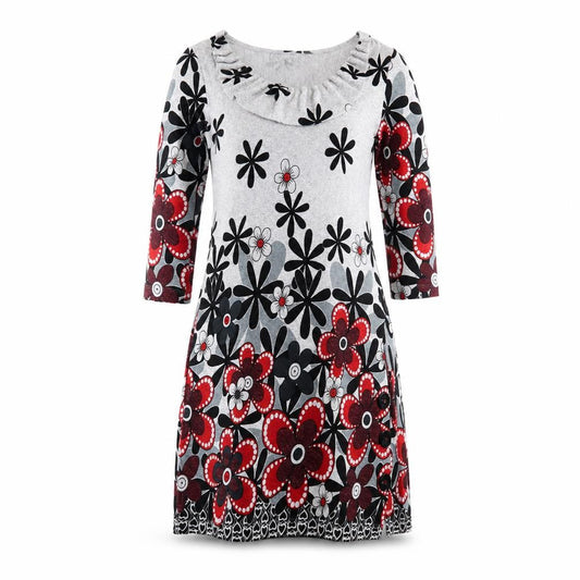 Front view of Autonomy women’s grey floral polyester jumper dress, size UK 10, round neck