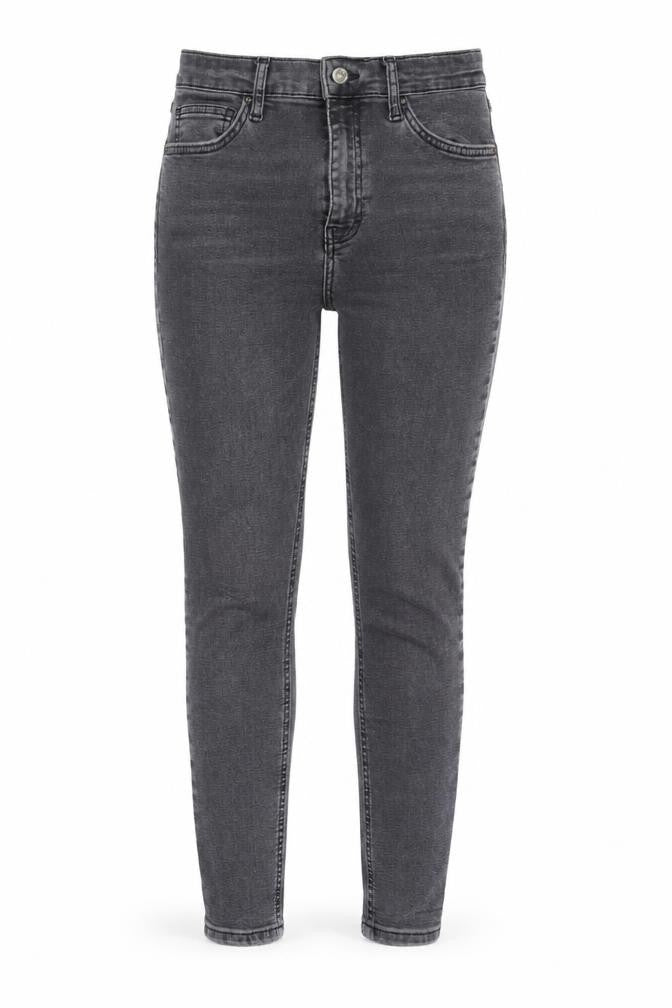 Front view of Topshop women’s black cotton skinny jeans, size UK 28, in, 26-inch leg regular