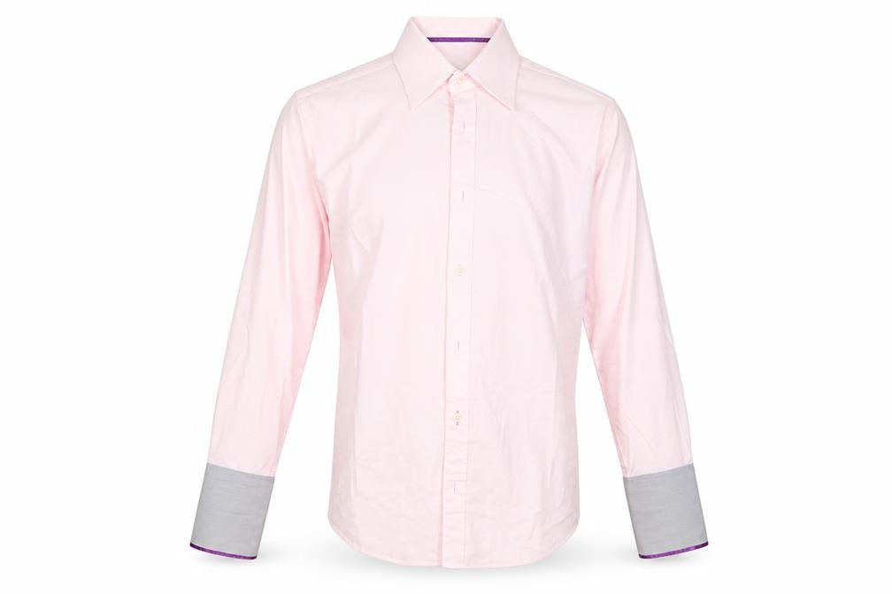 Front view of Preworn men’s pink polyester dress shirt, size M, collared